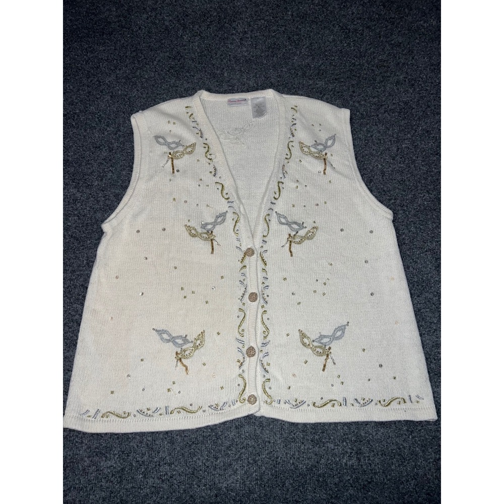 Bobbie Brooks Womens XL Ivory Masquerade Mask Beaded Button Front Sweater Vest